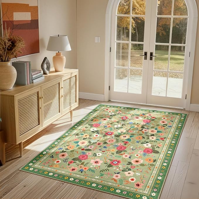 Washable Floral Area Rug for Living Room 4x6 Light Green | Non-Slip，Vacuum-Friendly, Low Pile, Flower Carpet for Bedroom Kitchen Entryway Dining Room Office Nursery
