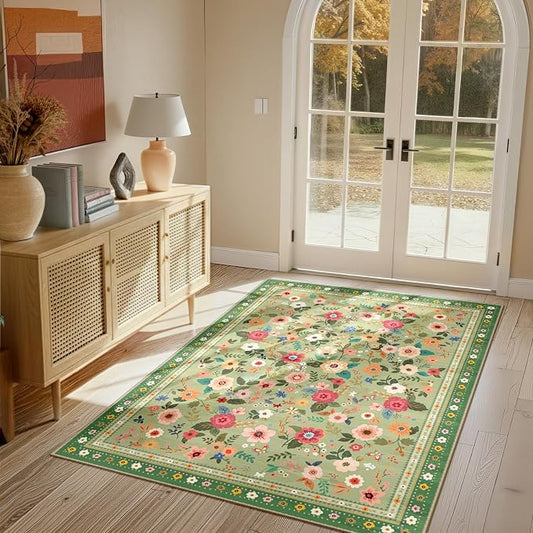 Washable Floral Area Rug for Living Room 4x6 Light Green | Non-Slip，Vacuum-Friendly, Low Pile, Flower Carpet for Bedroom Kitchen Entryway Dining Room Office Nursery