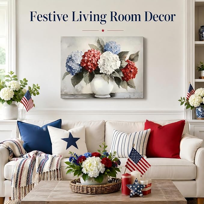 RIBNTAK Patriotic Hydrangea Wall Art USA Red White Blue Flower Vase Print Pictures Wall Decor Canvas Painting Artwork Decorations for Bedroom Bathroom Kitchen Living Room,Made in USA