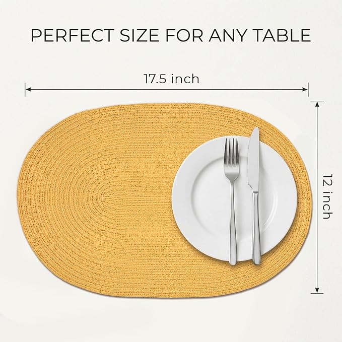 Placemats Set of 8, Woven Oval Braided Dining Table Mats(Mustard Yellow) | 12 x 17.5 Inch Size Fits Plates and Flatware; Hand Washable and Heat Resistant for Kitchen Use, with Farmhouse and Boho Style