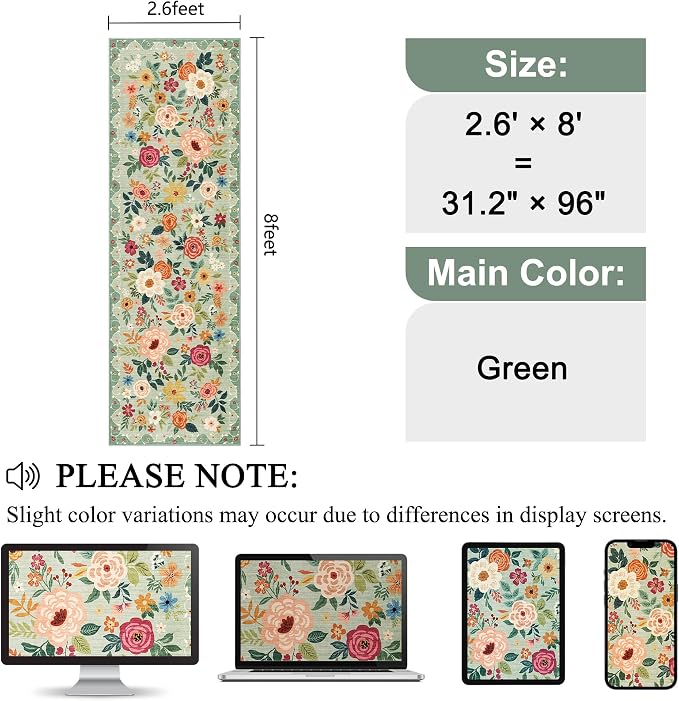 DUKINO 2.6x8 Runner Rug, Washable Runner Rug for Hallway Non Slip, Green | Low Pile, Soft, Floral Indoor Rug for Kitchen, Entryway, Bedroom, Bathroom, Pet Friendly, Stain Resistant, Modern Home Decor