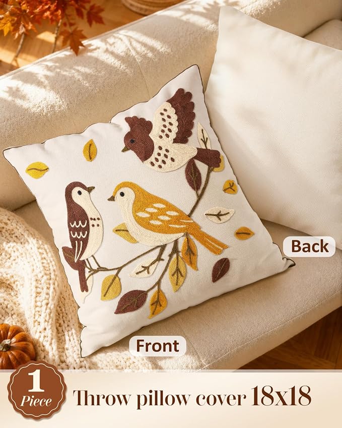 Bird Leaves Embroidered Throw Pillow Cover 18x18 Inch Fall Farmhouse