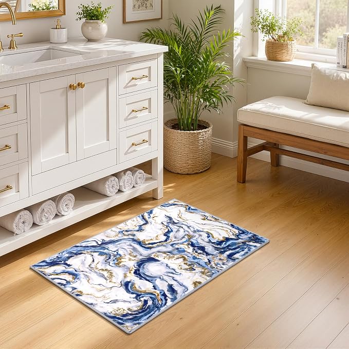 Yamaziot 2x3 Washable Modern Abstract Area Rug Non-Slip Entryway Rug | Stain Resistant Kitchen Rug with Rubber Backing, Low Pile, Ultra Soft Carpet Runner for Bedroom, Laundry, Entrance,Blue