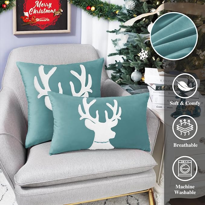 BRAWARM Christmas Pillow Cover 12 X 20 Inches, Teal Reindeer Embroidered Lumbar Pillow Cover, Soft Velvet Decorative Throw Pillow for Couch Bed Sofa Living Room Home