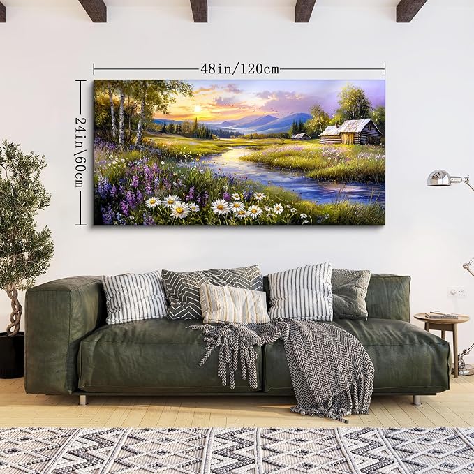 SERIMINO River Landscape Wall Decor, Countryside Sunset Art Prints 24"X48" | Rustic Country Wall Art, Meadow Wildflower Canvas Pictures, Bedroom Kitchen Decor, Ready To Hang, Fade-resistant Inks