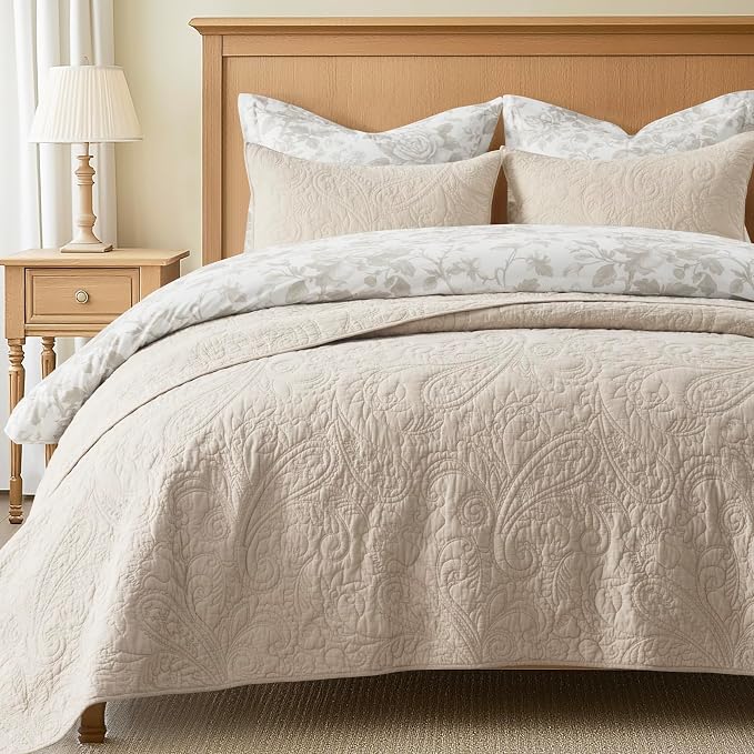 EVERGRACEHOME 100% Cotton Paisley Quilt Set, Queen Size, Flax Beige | Prewashed for Softness, Year-Round Breathability, Gift-Ready Box, Matelasse-style Quilted Coverlet, 3 Piece Set with 2 Shams