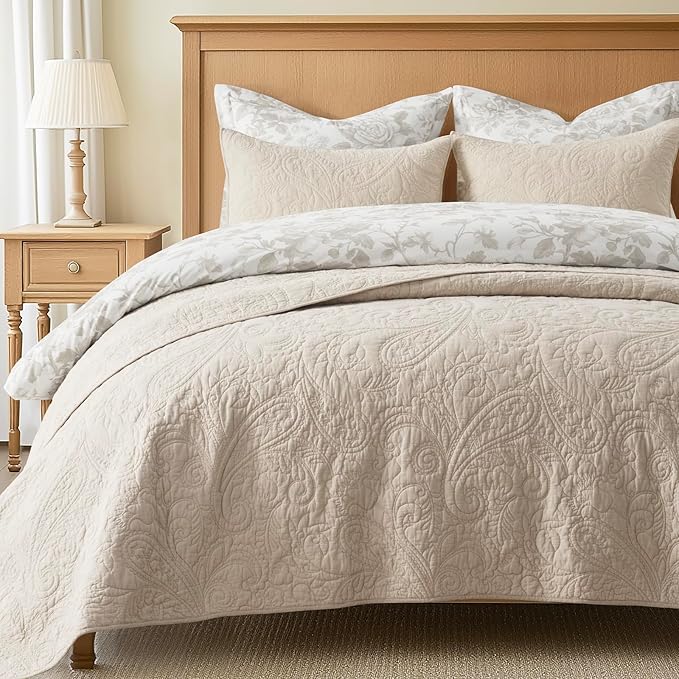 EVERGRACEHOME 100% Cotton Paisley Quilt Set, King Size, Flax Beige | Prewashed for Softness, Year-Round Breathability, Gift-Ready Box, Matelasse-style Quilted Coverlet, 3 Piece Set with 2 Shams