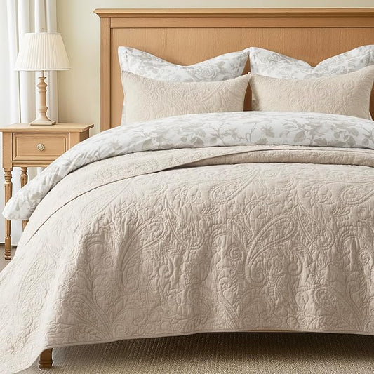 EVERGRACEHOME 100% Cotton Paisley Quilt Set, King Size, Flax Beige | Prewashed for Softness, Year-Round Breathability, Gift-Ready Box, Matelasse-style Quilted Coverlet, 3 Piece Set with 2 Shams