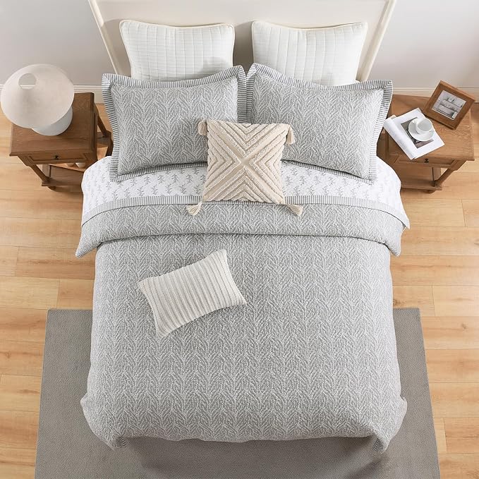 SahSahCasa Quilt Set King Size, 100% Cotton Quilt Bedding Set Bedspread, Botanical Pattern Solid Color Chic Lightweight Quilted Comforter for King Bed, White/Gray, All Season, 3 Pieces