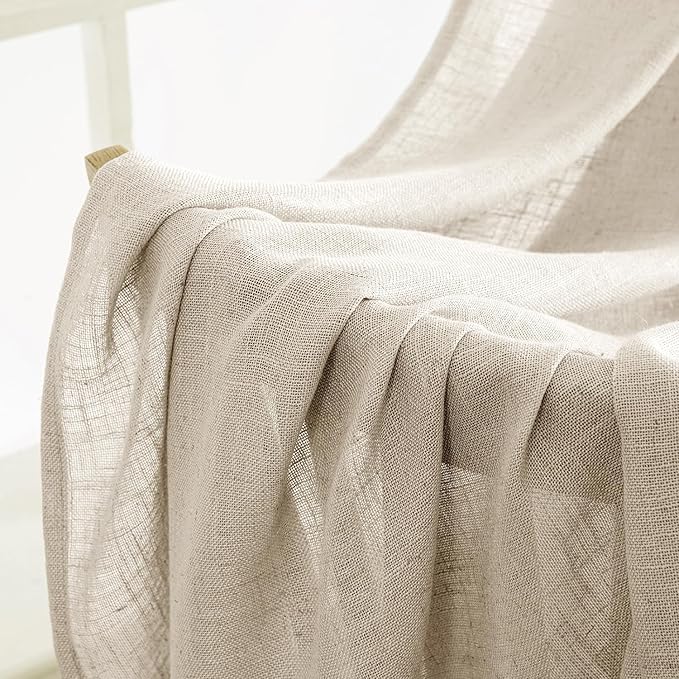 MIULEE Beige Linen Curtains 52x90 Inch 2 Panels for Bedroom Living Room | Long, Soft Linen Textured Window Drapes, Semi Sheer Light Filtering, Back Tab Rod Pocket, Farmhouse Modern Burlap Look Decor