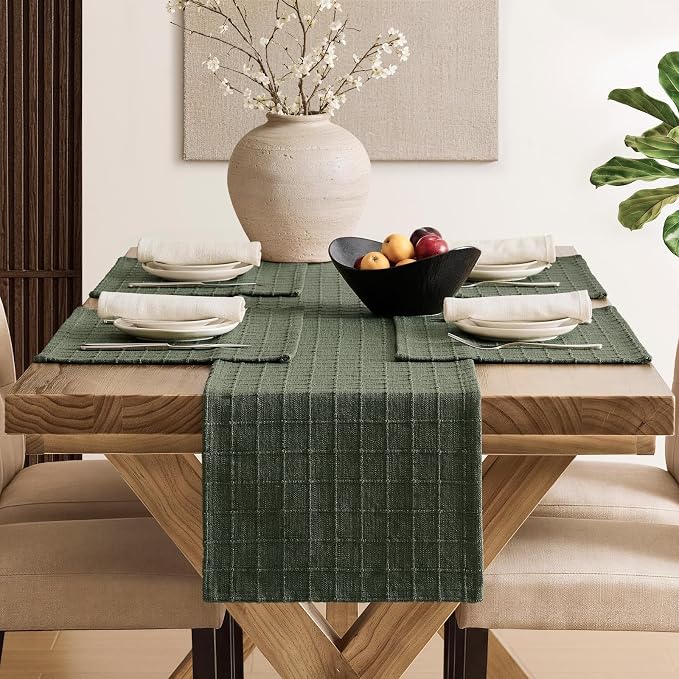 ZeeMart Artisanal Grid Linen Table Runner, 13x108 Inches Army Green | Heavy Textured, Durable Thick Fabric, Farmhouse Handwoven Feel Linen Runner, Easy Care Table Decor for Kitchen Dining Room