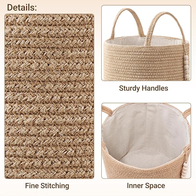 Mkono Woven Storage Basket for Blanket, Toys Plant Organizer, 22"W x 13.8"L | Brown, Jute, Decorative Basket with Handle, Wood Beads Tassel, Shoes Towel Clothes Storage Bin, Living Room Bedroom Nursery