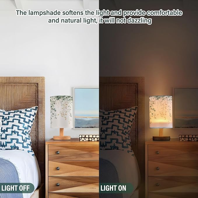Bedside Lamp Green Sage Leaves Table Lamp for Bedroom LED Nightstand Lamp Shade USB Ports Wood Base for Living Room Dorm Office