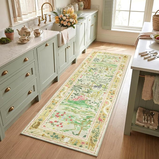 2x6 Hallway Runner Rug Non Slip Forest Nursery Runners Washable Stain Resistant Fairy Tale Whimsical Long Runner Carpets Girls Room Green Safari Animal Rugs for Living Room Kitchen Bedroom, Sage Green