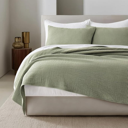 EVERGRACEHOME Cotton Ribbed Matelassé Coverlet Set, King, Dried Sage | Soft Lightweight Bedspread, 3 Pieces, Breathable Cozy Oversized Quilted Bedding Set for All Seasons, with 2 Pillow Shams