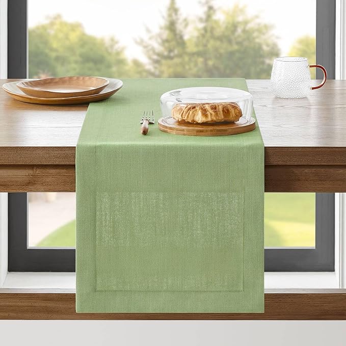 ZeeMart Linen Textured Border Table Runner, 14 x 60 Inch Green | Mitered Corner Design, Medium Weight Fabric, Modern Farmhouse Style, Machine Washable Easy Care Everyday Table Scarf