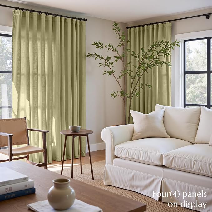 jinchan Linen Curtains Light Filtering Back Tab 50x108 Inch 2 Panels Green | Semi Sheer Curtains 108 inch length for Bedroom Living Room, Modern Farmhouse Drapes with Rod Pocket, Natural Boho Curtains