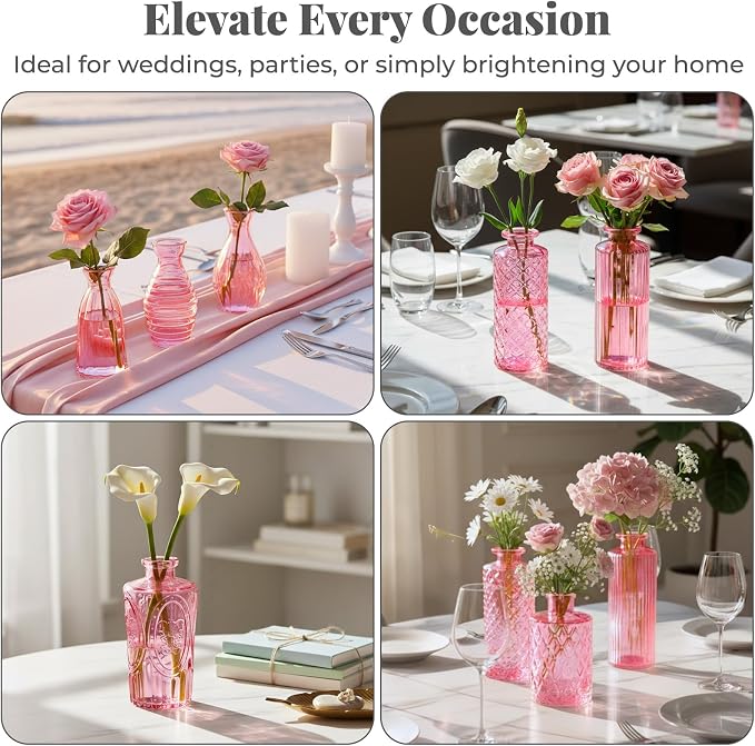 BEAHOT 24 Pack Pink Bud Vases in Bulk,Mini Glass Vintage Vases for Centerpieces,Wedding Decor, Small Flower Vases for Party & Home Decaration,Mother's Day (Pink)