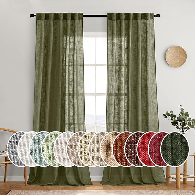MIULEE Light Olive Green Linen Curtains 52x108 Inch 2 Panels for Bedroom | Living Room, Soft Linen Textured Natural Window Drapes, Semi Sheer Light Filtering, Back Tab Rod Pocket, Burlap Look Decor