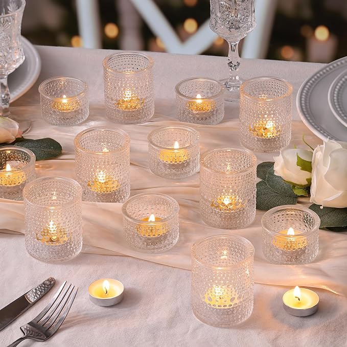 NITIME Glass Votive Candle Holders Set of 24, Assorted Heights Polka Dot Tea Light Holders for Wedding Centerpieces, Table Decor, Party & Home Decoration, Fits Standard Votives & Tea Lights