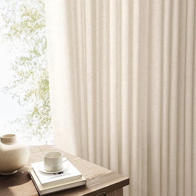 Extra Long Linen Curtains 108 Inches for Living Room Back Tab Semi Sheer High Floor to Ceiling 9ft Light Filtering Curtain Boho Farmhouse Decor Window Drapes for Bedroom 2 Panels Birch Beige