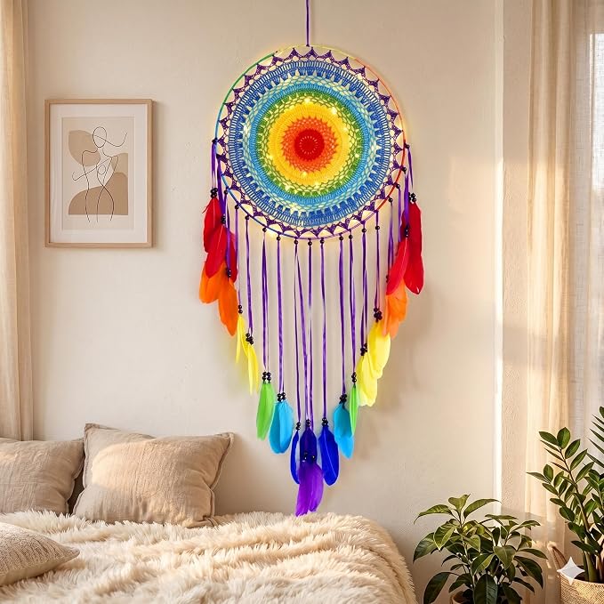 Boho Wall Decor for Bedroom, Large Macrame Dream Catcher, Aesthetic Room Decor for Women Girls, Cozy Hanging Decor for Apartment Nursery