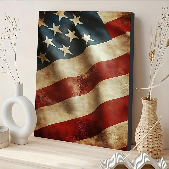 Framed Vintage Distressed American Flag Wall Art, Patriotic Rustic Canvas Art Pictures, USA Flag Wall Decor, Made in USA Ready to Hang for Living Room Garage