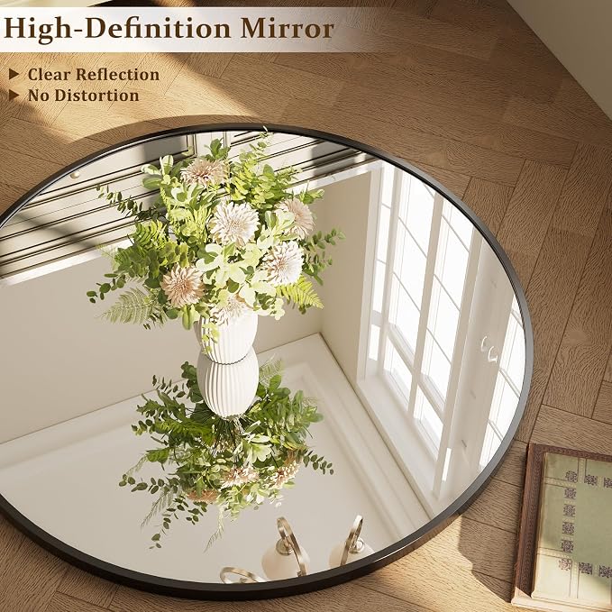 XRAMFY 42 Inch Round Black Metal Wall Mirror, Circle Mirror for Entryway | Stylish Circle Mirror for Bathroom, and Living Room Decor Matte Black Circle Wall Mirror