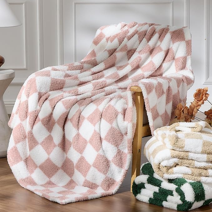 NEWCOSPLAY Knitted Throw Blanket for Couch Sofa Bed, Pink White, 50"x60" | Super Soft Plush, Fuzzy Fluffy Microfiber, Lightweight Cozy Blanket for Room Decor, All Season Use