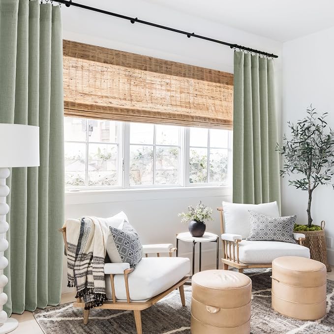 RYB HOME Linen Sheer Curtains 95 inches Long for Living Room | Breathable, Weave Textured, Rod Pocket, Semi Sheer, Sage Green, for Dining Room, W52 x L95, 2 Panels Set