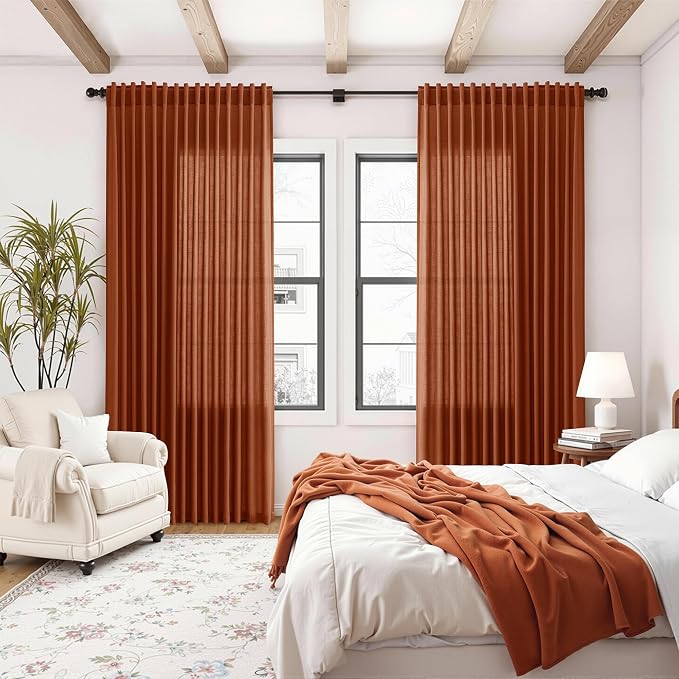 Extra Wide Linen Curtains for Living Room 90 Inches Long Terracotta Light Filtering Semi Sheer Boho Farmhouse Curtain for Bedroom Office Luxury Back Tab and Rod Pocket 100x90, 2 Panels