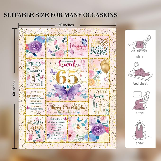65th Birthday Gifts for Her -65 Year Old Gifts for Women Mom -65th Milestone Birthdays Blanket -65th Birthday Blanket for Women - Warm Soft Plush Flannel Throw Blankets (60"x50")