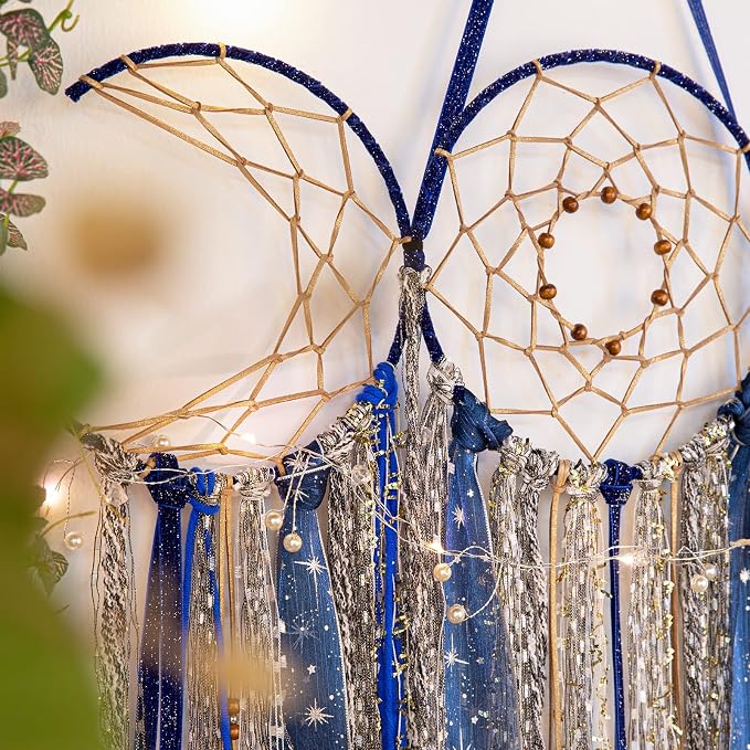 Blue Triple Moon Goddess Dream Catcher Macrame Wall Hanging, Pagan Decor