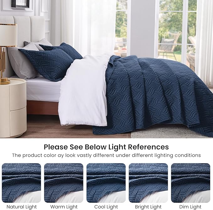 Love's cabin California King Size Quilt Bedding Set Navy Bedspread - Cal King Summer Lightweight Bedspread Comforter - Wave Pattern Coverlet for All Season - 3 Pieces (1 Quilt, 2 Pillow Shams)