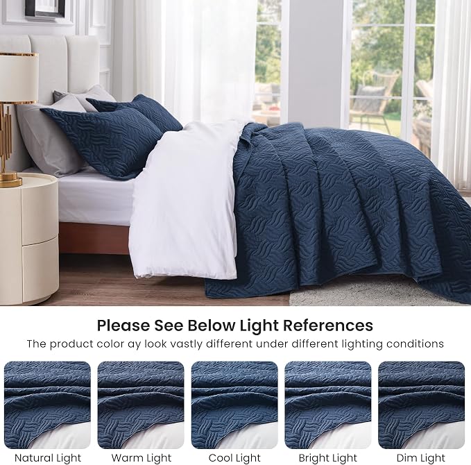 Love's cabin Twin Quilt Set Navy Blue Bedspreads - Soft Bed Summer Lightweight Bedspread Comforter - Modern Style Wave Pattern Coverlet for All Season - 2 Pieces (1 Quilt, 1 Pillow Sham)