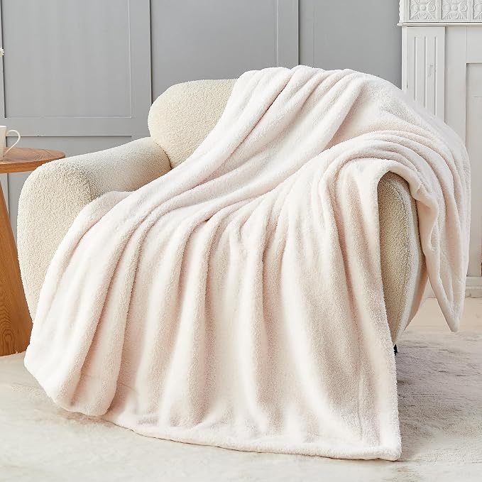 NEWCOSPLAY Knitted Throw Blanket for Couch Sofa Bed, Plush-Ivory, 60"x80" | Super Soft Plush, Fuzzy Fluffy Microfiber, Lightweight Cozy Blanket for Room Decor, All Season Use