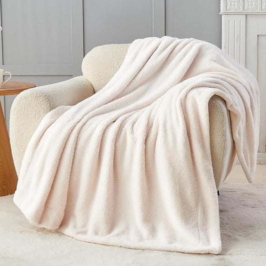 NEWCOSPLAY Knitted Throw Blanket for Couch Sofa Bed, Plush-Ivory, 60"x80" | Super Soft Plush, Fuzzy Fluffy Microfiber, Lightweight Cozy Blanket for Room Decor, All Season Use