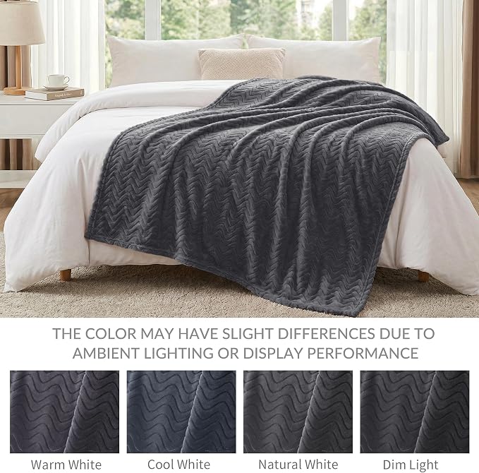 Exclusivo Mezcla Large Fleece Throw Blanket for Couch, Sofa, Dark Grey | 50"x70" Soft Breathable Lightweight Flannel Throws for Summer, Plush Cozy Jacquard Wave Blanket for Home Decor