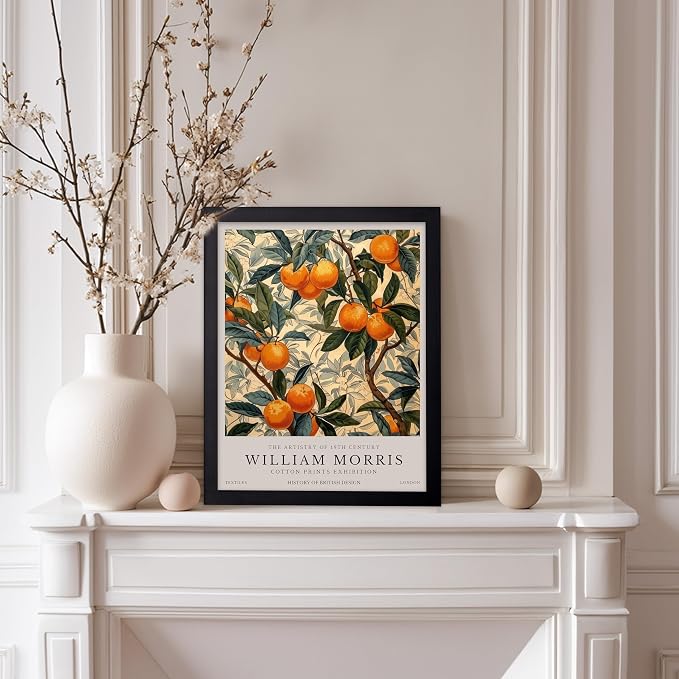 Monem Art William Morris Poster - Orange Tree Print - Orange Fruit Decor - Botanical Design - Exhibition Art - Floral Motif - Farmhouse Theme - Living Room Decor - 11x14 Black Framed