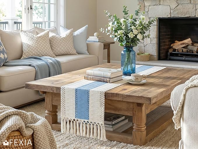 FEXIA Boho Table Runner for Home Decor 12x72 Light Blue Farmhouse Decor | 72 Inches Long with Tassels Rustic Table Runner Macrame Burlap Centerpieces for Living Dining Room Bedroom for Baby Shower