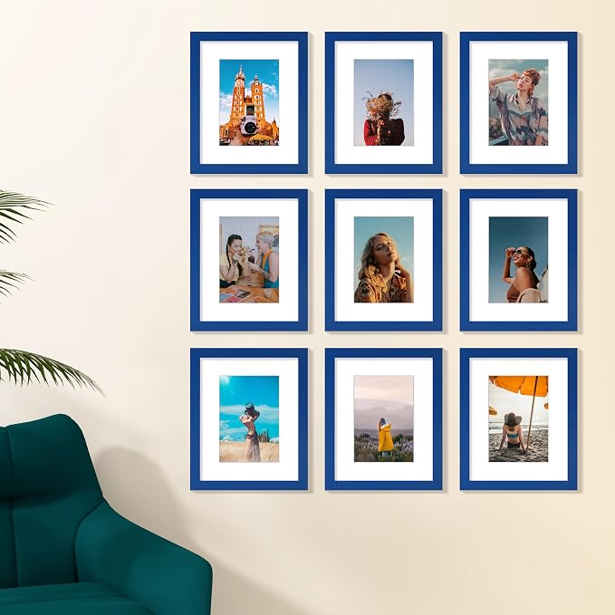 Vittanly 8x10 Picture Frames Set of 9 for Wall or Tabletop Display, Blue | Display Pictures 5x7 with Mat or 8x10 without Mat, Small Photo Frames, Engineered Wood with Shatter Resistant Plexiglass