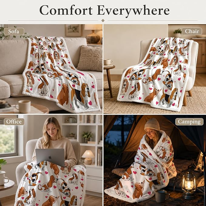 BlessLiving Throw Blanket, White Brown Dog Animal, 60x80 in | sherpa fleece fabric, Basset Hound Dense Pet Blankets Puppy print, for couch or sofa, pet lovers, easy machine care