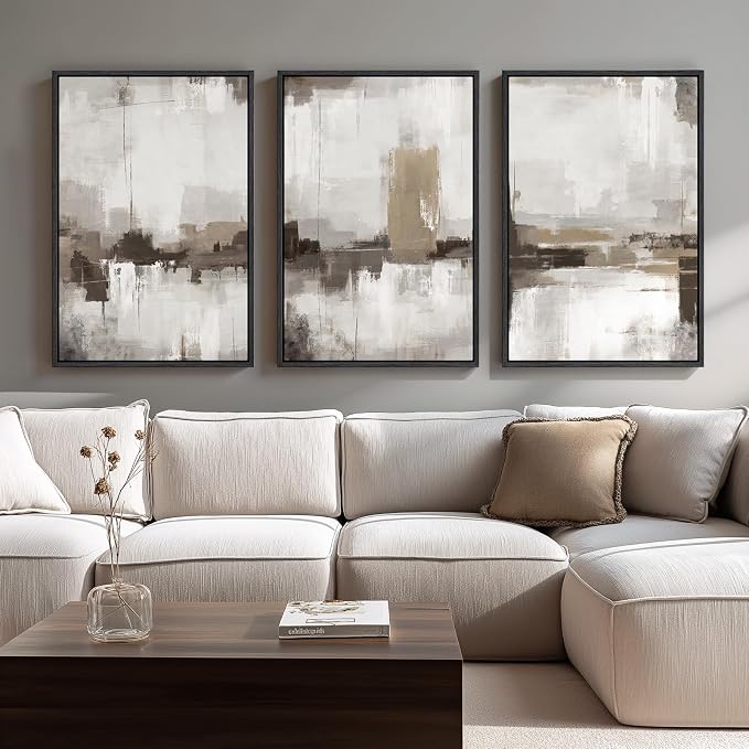 Large Framed Neutral Abstract Wall Art for Living Room, Set of 3 24x36 In | Tan beige brown pictures, Canvas prints, Wood frame, Modern minimalist paintings, Artwork, Wall decor for hallway bedroom