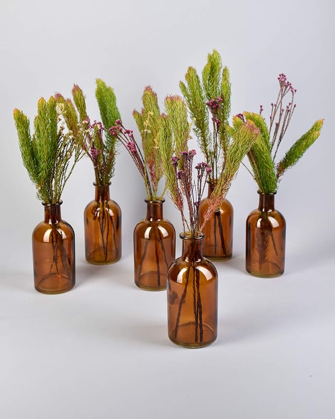Serene Spaces Living Bud Vases, Apothecary Jars, Decorative Glass Bottles, Centerpiece for Wedding Reception, Mini Flower Vases, Small Medicine Bottles for Home Decor (Amber, Set of 48)