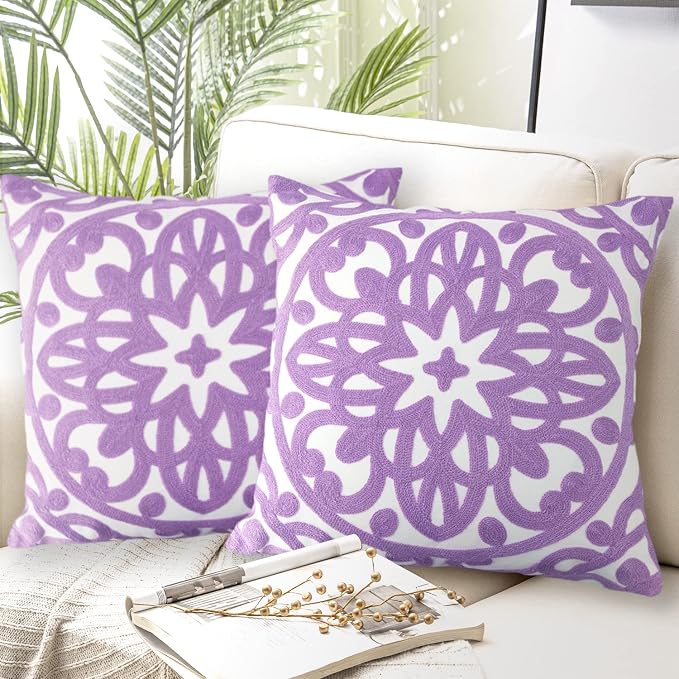 Alysheer Embroidered Decorative Throw Pillow Covers 18"x18" Set of 2 Pieces, Cozy Boho Mandala Knit Pattern, 100% Cotton Canvas Light Purple Cushion Cases for Sofa Couch Living Room (Lilac Lavender)