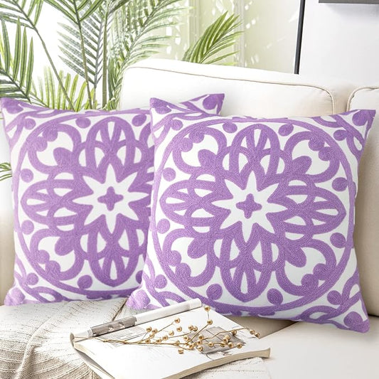 Alysheer Embroidered Decorative Throw Pillow Covers 18"x18" Set of 2 Pieces, Cozy Boho Mandala Knit Pattern, 100% Cotton Canvas Light Purple Cushion Cases for Sofa Couch Living Room (Lilac Lavender)