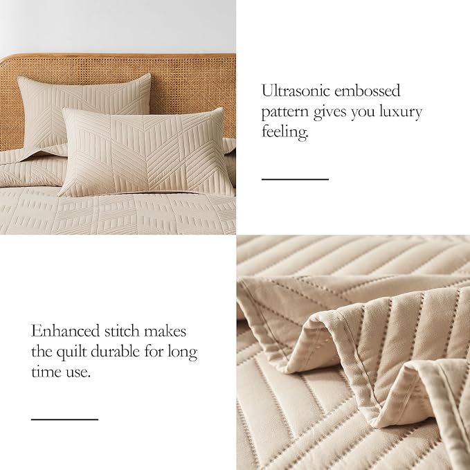 Davulos Twin Quilt Bedding Set,Beige Ultrasonic Quilt Set Reversible Microfiber Bedspread,Lightweight Soft Modern Geometric Coverlet Set for All Seasons(1 Quilt,1 Pillow Sham)