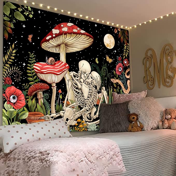 Accnicc Mushroom Skull Tapestry Skeleton Floral Plant Flower Tapestries Bedroom Aesthetic Nature Moon Wall Tapestry for Dorm Living Room (60'' × 50'')