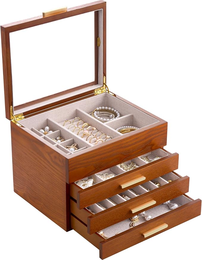 Lolalet Jewelry Box, Clear Window Wood Jewelry Storage for Earrings Bracelets Necklaces Rings, High Capacity Organizer for Women, Valentine's Day Gift -Cherrywood, 4 Layers
