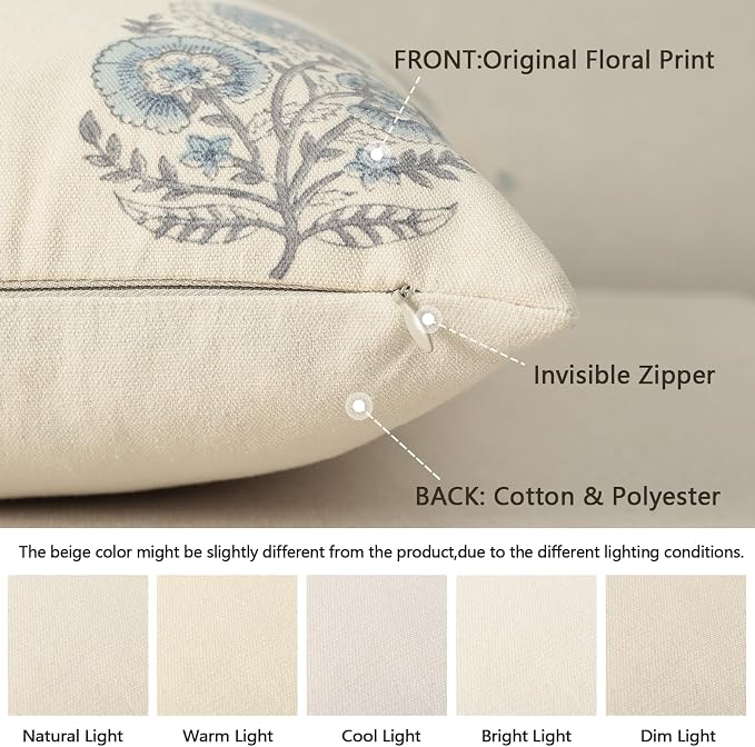 YCOLL Vintage Floral Print Pillow Covers 18x18 Set of 2 Patterned Accent Decorative Cushion Covers Modern Farmhouse Throw Pillow Covers for Sofa Couch Chair Bed Living Room Home Decor, Light Blue